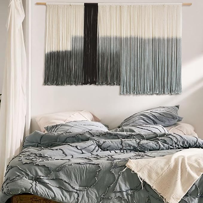 Macrame Wall Hanging Grey Dip Dye Large Boho Fiber Wall Art Decor 57"W*35"L | Neutral Wall Hanging, Handmade Yarn Art, Textured Fiber Decor, for Bedroom Wall Accent, Farmhouse Interior Style by FLBER