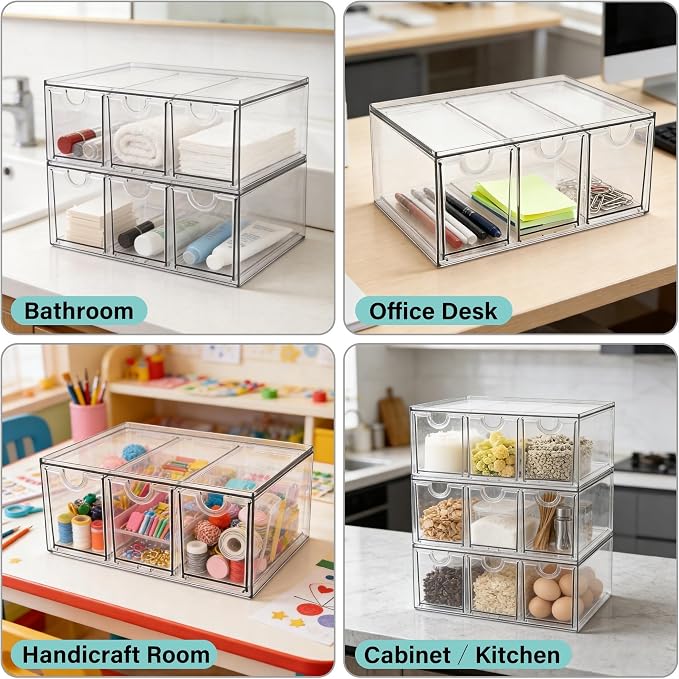 Prsildan Acrylic Makeup Organizer Stackable Storage Drawers with 3 Drawers for Office Desk Vanity Craft Room Clear Drawer Organizers for Hair Accessories Art Supplies Cosmetics Modular System - Image 4