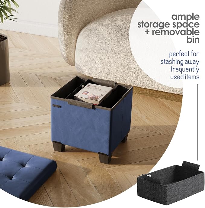 Storage Ottoman Cube with Small Bin, 15-in Square Ottoman with Storage for Living Room and Bedroom, Small Ottomans Foot Rest, Leather Foot Stools Ottomans Max 330lbs, Blue - Image 3