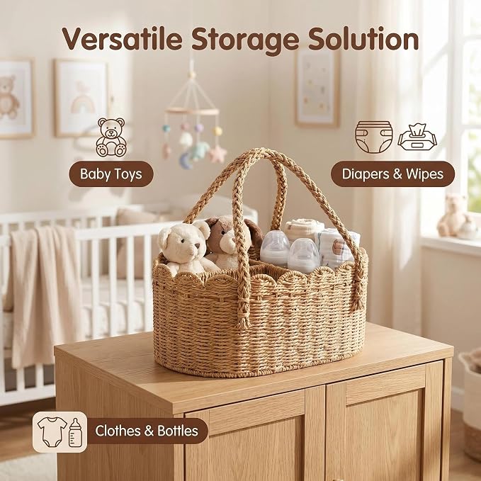 Woven Diaper Caddy for Baby, Paper Rope Storage Bin with Removable Divider, Baby Stuff Organizer for Nursery, Portable Car Storage Basket for Diapers, Baby Shower Gifts, Newborn Essentials Must Haves - Image 7