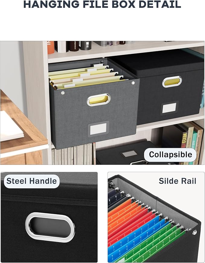 2 Pack File Organizer Box with Lid, Large Hanging Filing Box with Mesh Pocket, Document Organizer for Letter Files, Portable Storage Case for Office&Home (Black) - Image 3