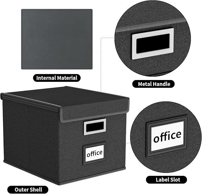 File Organizer Box with Lids, Collapsible File Folder Organizer | File Box with Plastic Slides for Office Document Storage, Filing Bin for Letter Size Hanging File Folders (2 Pack, Black) - Image 3