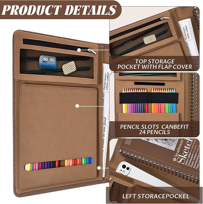 Plinyvel Brown Leather Sketchbook Cover 9x12, Travel Drawing Portfolio | Portable sketch kit organizer, pencil holder, Fits 9x12 Sketch Book, Spiral Pad, Compact artist storage case - Image 5