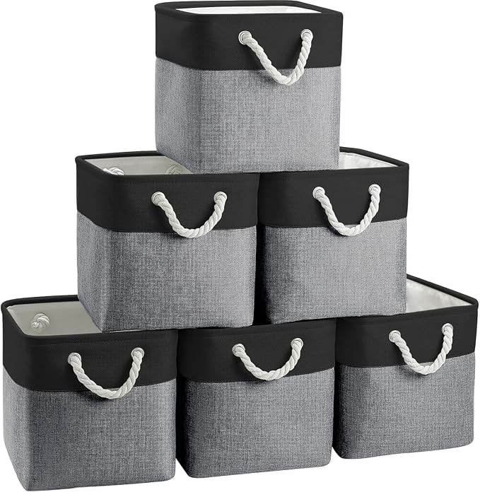 Cube Storage Bins, Collapsible Fabric Storage Cubes Bins, 11 Inch Cube Storage Bins with Handles, Foldable Storage Cubes (Black/Gray, 6Pack) by BOFUGA
