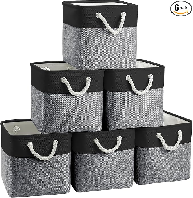 Fabric Storage Cubes 13 x 13, Collapsible Storage Bins for Shelf Baskets, Cube Storage Organizer Black Gray Bins with Cotton Handles,Foldable Storage Bin box,Cube Storage Bin 6 Pack by BOFUGA