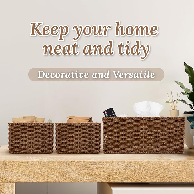 WeeNest Wicker Basket with Handle, Shelf Baskets for Organizing, Woven Organization Storage with Handles, Resin Wicker Set of 3, Toffee - Image 5