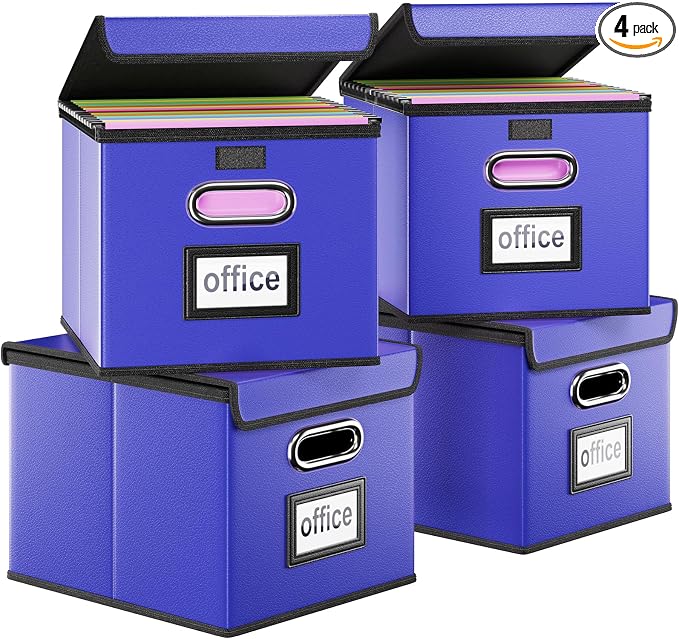 File Organizer Box with Lids, Collapsible File Folder Organizer | File Box with Plastic Slides for Document, Filing Bin for Letter Size Hanging File Folders (4 Pack, Navy Blue, Leather) by Huolewa