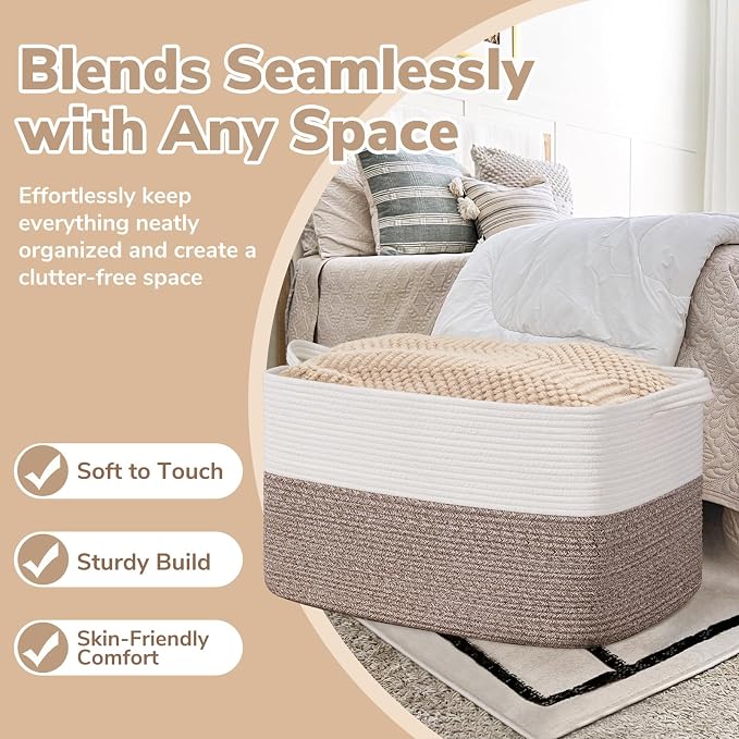 Goodpick Large Woven Rope Blanket Basket, Rectangle, White & Brown | 21.6'' x 14.9'' x 11.8'' Storage Basket for Blankets & Toys, Living Room, Bedroom & Nursery Organization, Reinforced Handles - Image 5