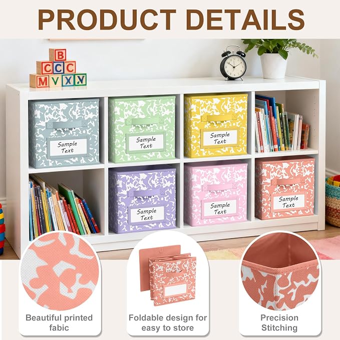 LemonRoad 6 Fabric Storage Cube 11 Inch Foldable Marble Storage Bin with Label for Organizing Pantry, Toy Box, Clothes Closet Collapsible Basket for School Organizing with Handle(Macaron, Label) - Image 3