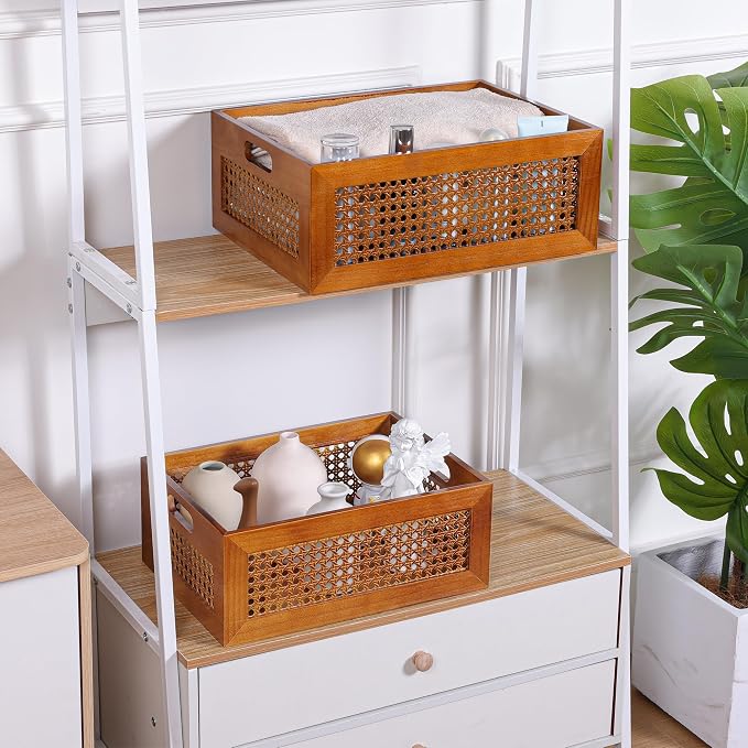 Rattan Wooden Box Set of 2 Handmade Decorative Storage Basket with Handles | Natural Bamboo Woven Storage Basket Rustic Farmhouse Decor Home Office Tabletop Shelf Drawer Closet Desk Organizer, Brown - Image 2