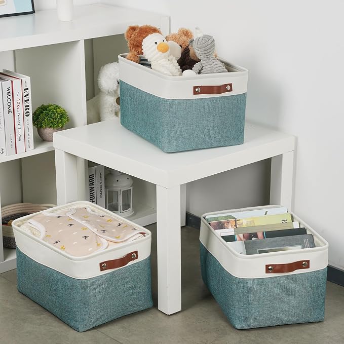 DULLEMELO Storage Baskets for Organizing,Rectangular Fabric Storage Bins with Handles for Office,Bedroom(3-Pack -15 inch X 11 inch X 9.5 inch , White&Dark Green) - Image 4