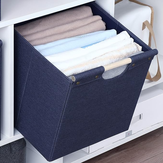 HOONEX Collapsible Storage Bins, 12x12x12in Storage Cubes Linen Fabric, 3 Pack, Storage Baskets with Wooden Carry Handles and Sturdy Heavy Cardboard, for Home, Office, Car, Nursery, Blue - Image 5