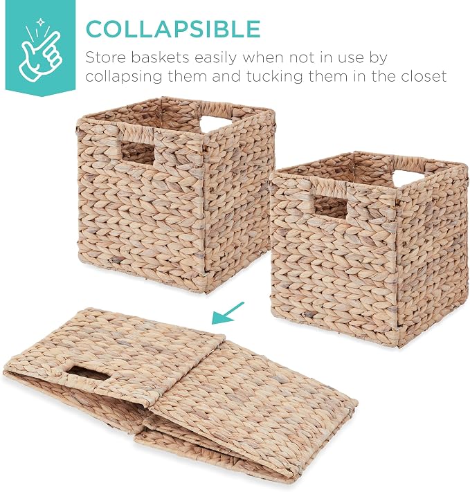 Best Choice Products 13x13in Pack of 5 Cube Storage Baskets, Water Hyacinth Multipurpose Collapsible Organizers, Handwoven Laundry Totes for Laundry, Living Room, Kids Room & Nursery - White - Image 3