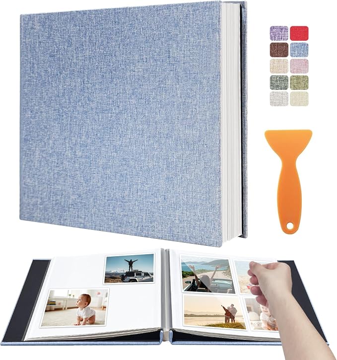 Photo Album Scrapbook – Holds 4x6, 5x7 & 8x10 Pictures – Self-Adhesive Pages for Baby, Wedding, Travel & Family Memories | Includes Metallic Pen & Scraper/Light Blue Large DIY Memory Book for Gifts by HoneyTolly