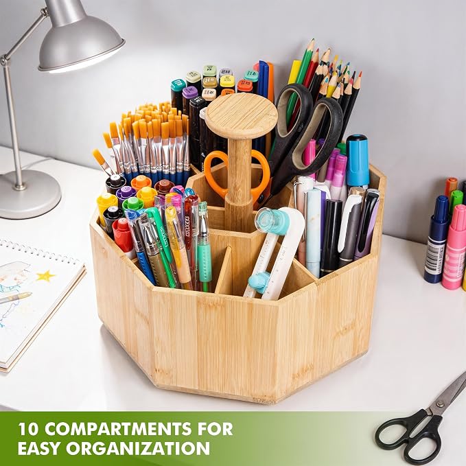 CraftGenes Bamboo Rotating Pen Organizer for Desk with 10 Compartments | Desk organizer, smooth spin, marker organizer, pencil holder, art supply organizer, carry handle, classroom, craft room - Image 2