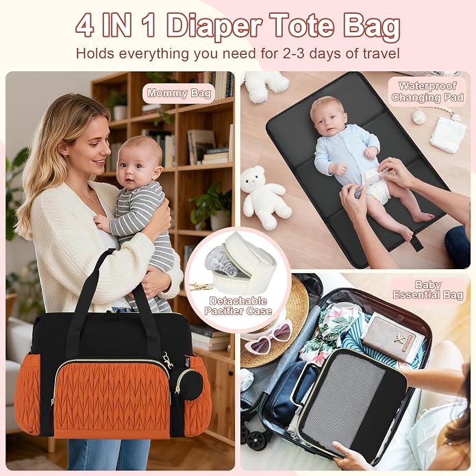 Diaper Tote Bag for Baby 6PCS, Large Mom Hospital Bags with Changing Pad | Mommy Bags for Labor and Delivery, Baby Shower Girl Boy Gift, Mama Bag with Pacifier Case Storage Bag and Shoulder Strap - Image 2
