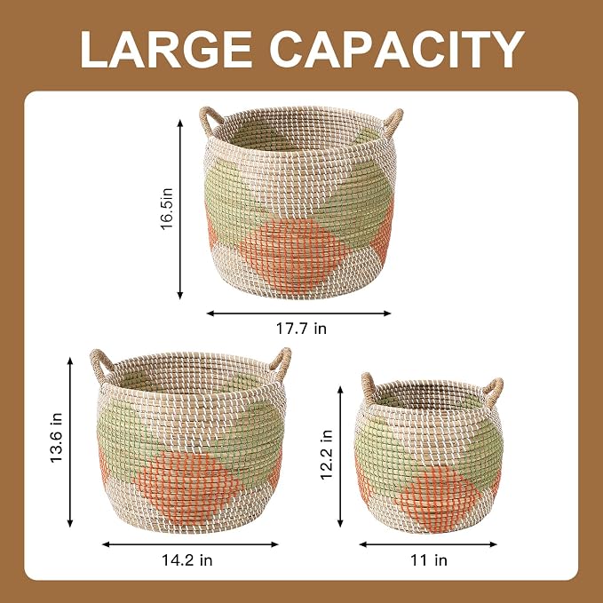 Handwoven Sea Grass Baskets Set of 3 - One of a Kind Round Storage Bins by Artisans, Natural Fiber Woven Baskets for Living Room, Bathroom, Nursery (55.5L, 27.9L, 15.3L) - Image 2