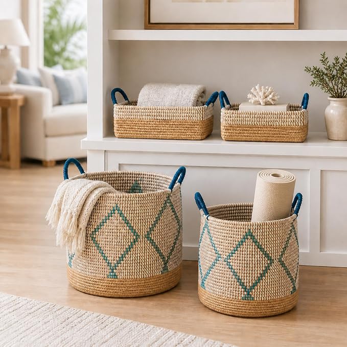Handwoven Sea Grass Storage Baskets Set of 4-2 Round & 2 Square Woven Bins with Handles by Vietnamese Artisans, Natural Fiber Organizer for Living Room, Bathroom, Nursery, Shelves - Image 2