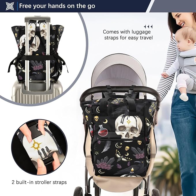 MNSRUU Goth Skull Moth Multifunction Travel Diaper Tote Changing Backpacks for Moms Dads - Image 4