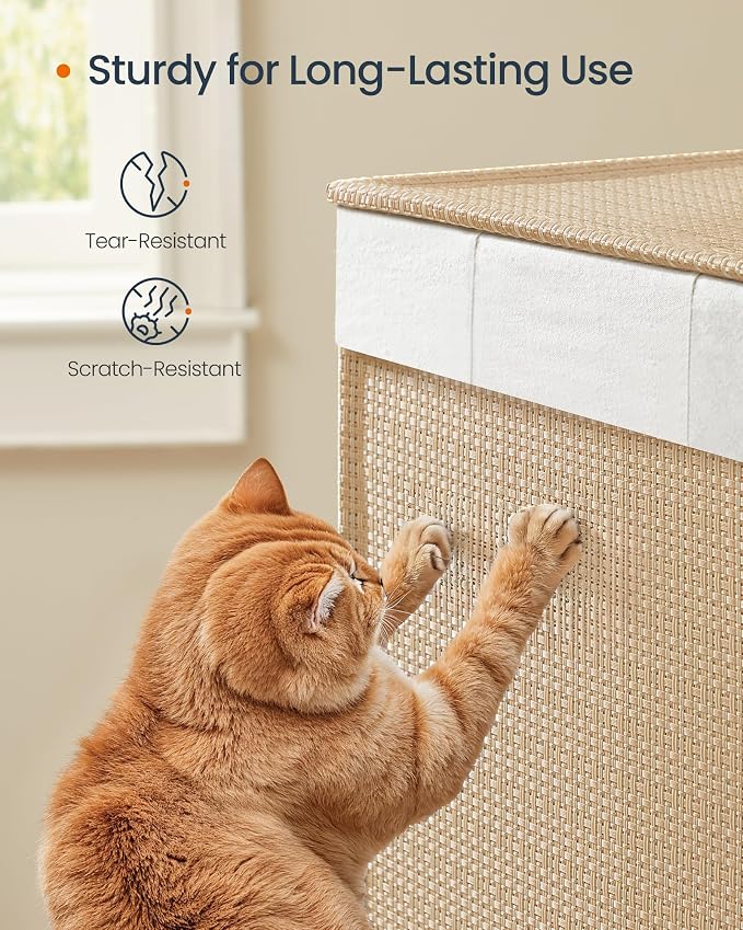 SONGMICS HOME Laundry Hamper with 4 Section, 180 L, Rattan, with Wheels | Rolling Clothes Basket with Lid, Removable Liner with Handles, Tan and White, PEZZO Collection ULCB603N01 - Image 4