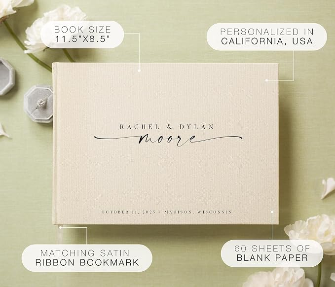 Personalized Guest Book - 11.5" x 8.5" Custom Bride & Groom Names with Bookmark and Hard Cover 140 GSM Blank Pages, for Weddings Guest Book, Engagements, Birthdays, Special Events, Cream - Image 2