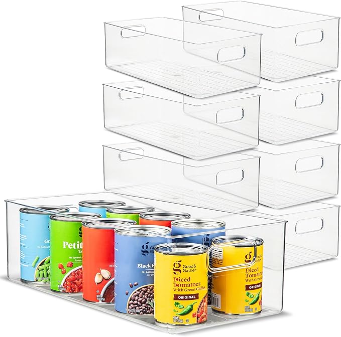 Plastic Food Storage 8 Pack Clear Container Bin with Handles for Organizing Kitchen, Pantry, Refrigerator, Freezer, Pantry, Cabinet, Closet, Bathroom. 16”x8”x5” by primebox