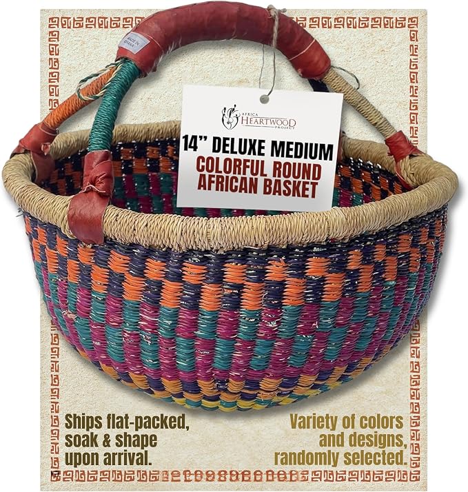 Africa Heartwood Project - Deluxe Colorful African Basket with Leather Handle - Handmade from dried Elephant Grass, Hand-Woven by Women in Bolgatanga, Ghana - Medium 14" Round Flat-packed by DjembeDirect