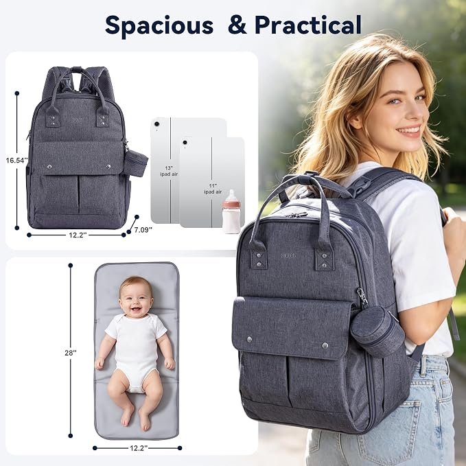Multi-functional Diaper Bag with Insulated Pockets Gray | Allovely Diaper Bag Backpack, Large 22L Baby Bags for Boys Girls, Multi-functional Travel Diaper Backpack, Stroller Straps - Image 2