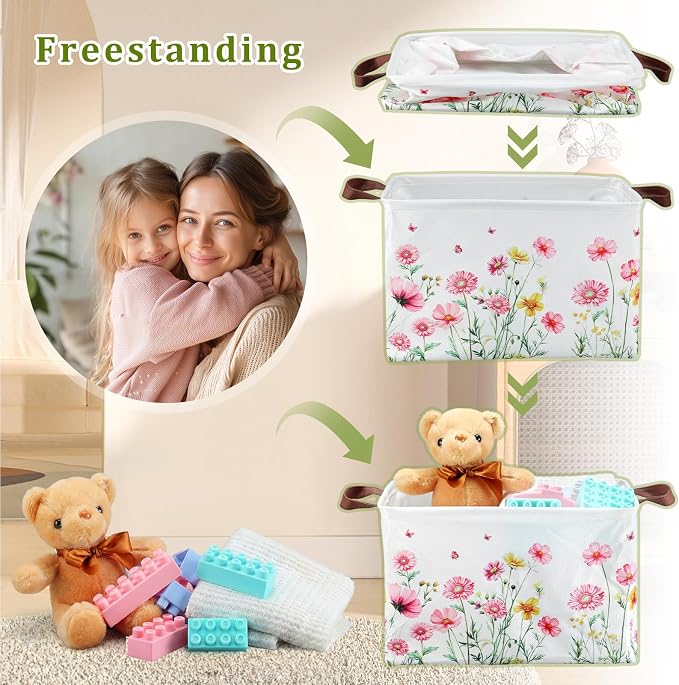 Fourluoo 6 Pack Floral Storage Basket with Handles Clothes Storage Basket Bin Foldable Box Bins Organizer for Closet Shelf Nursery Kid Room Book Toy Chest(6,Flower) - Image 6