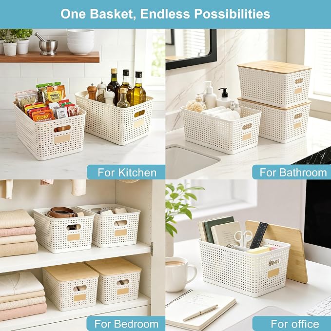2 Pack Tall Plastic Storage Bins with Bamboo Lids, 10.8qt Stackable Storages Baskets for Organizing Desktop Closet Playroom Classroom Office, 12"L x 8.3"W x 6.1"H, Cream White - Image 5