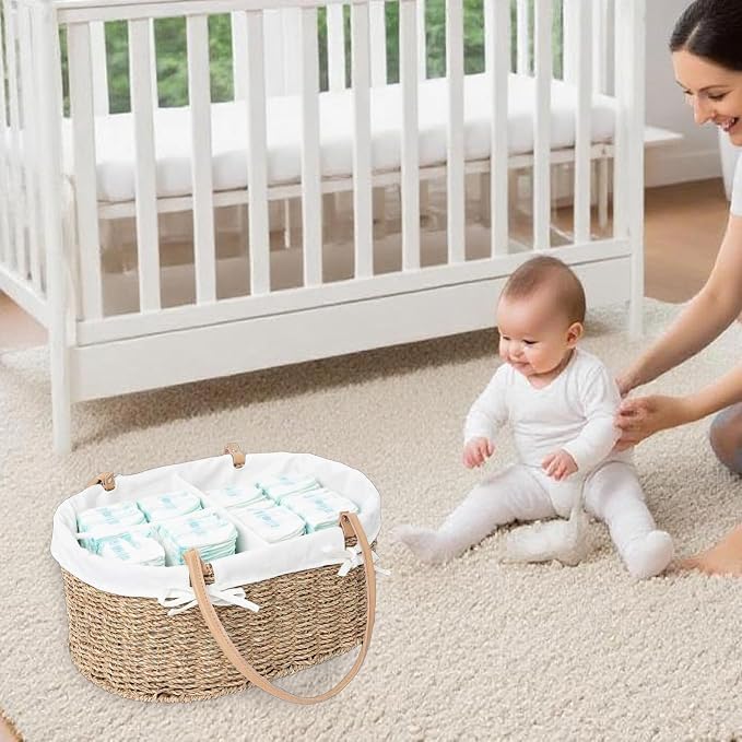 Seagrass Wicker Diaper Caddy,Woven Baby Organizer for Nursery | Woven diaper caddy with PU Handles& Detachable Lining for Newborn Bath, clothes,Cute Registry Must Have for Baby Gifts - Image 4
