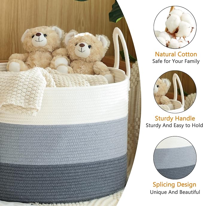 KAKAMAY Large Blanket Basket (20"x13"),Woven Baskets for storage Baby Laundry Hamper,Cotton Rope Blanket Basket for Living Room, Laundry, Nursery, Pillows, Baby Toy chest with Handles (White/Grey) | Extra Large Capacity | Natural Cotton Rope | Blanket ... - Image 6