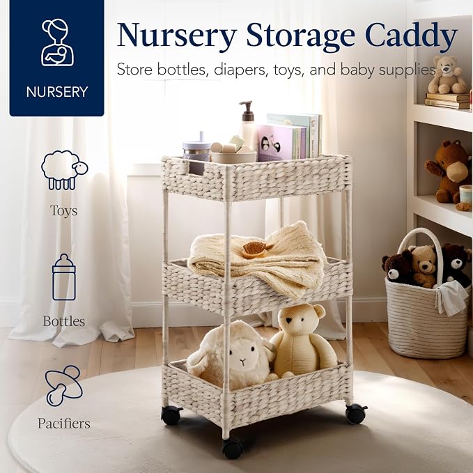 Best Choice Products 3-Tier Water Hyacinth Rolling Nursery Caddy w/Wheels, Utility Cart, Storage Organization for Bathroom, Craft Room, Laundry Room - Whitewash - Image 4