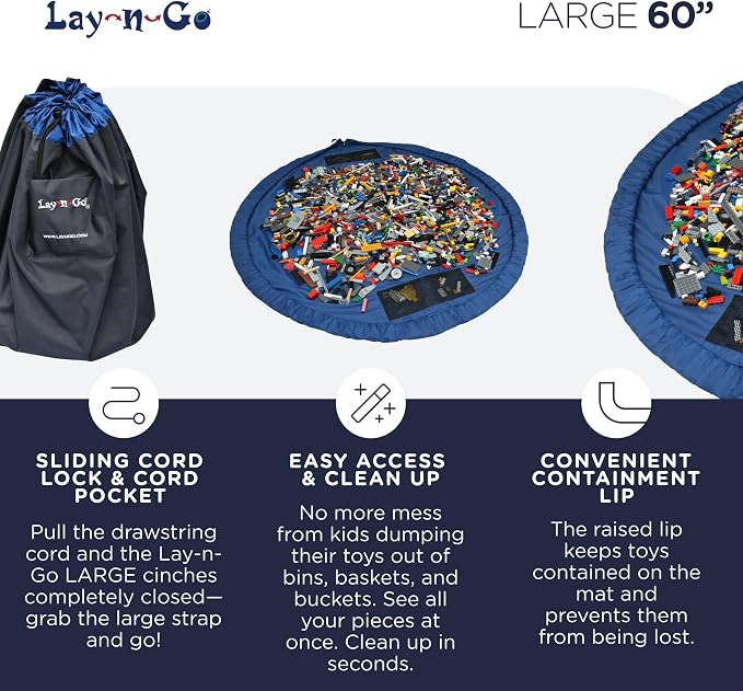 Lay-n-Go Layflat Portable Drawstring Cinch Storage Toy & Mini Figures Organizer & Play Mat, Mesh Pockets, Home & Travel, Kids & Toddlers Playdates, 2 Straps for Backpack, Durable, Machine Washable - Image 4