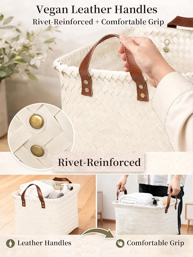 Wicker Storage Baskets, 4 Pack Woven Baskets for Shelves, White | PP Rattan, Water-resistant Wicker Basket, Large Baskets with Faux Leather Handles for Blanket, Laundry Organizer, Room Decor - Image 6