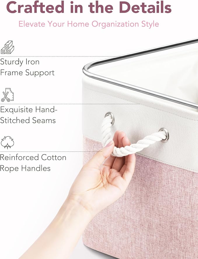 13x15x13 Inch Large Storage Bins with Cotton Rope Handles 6-Pack | Foldable, Top support of metal frame, Bottom with Cardboard Support, Fabric Cube Storage Bins for Closet, White Pink - Image 5