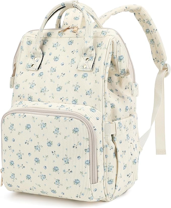 Corduroy Diaper Bag Backpack for Baby Girls Boys, Women Large Nappy Bags for Mom (Beige Corduroy Flowers Blue) by Yusudan