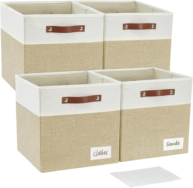 Collapsible Fabric Storage Cube Bins with 2 Reinforced PU Handles, Foldable Storage Organizer Baskets for Closet, Shelves, Living Room | 11"x11"x11", 4 Pack, Beige & White by Bagnizer