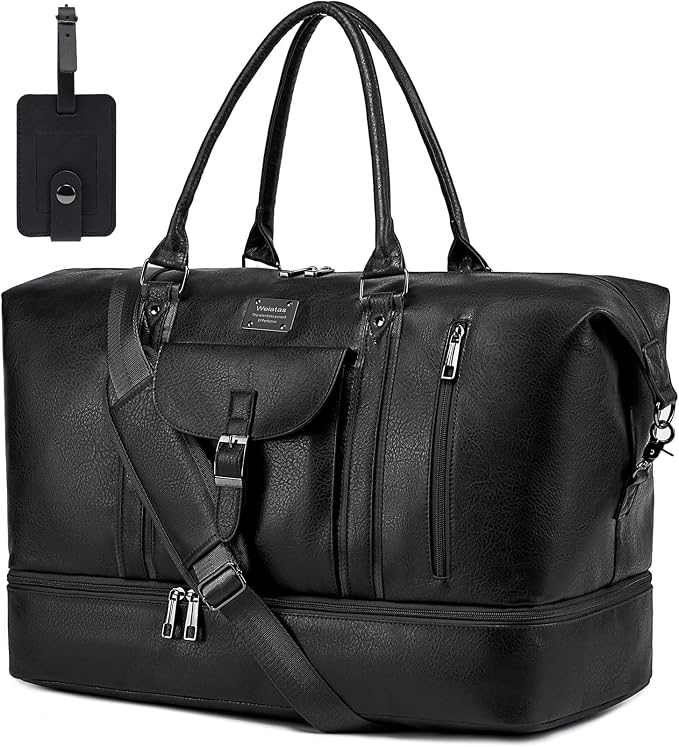 weiatas Faux Leather Travel Duffel Bag for Women Men, Large Weekender Overnight Bag with Shoes Compartment, Waterproof Carry On Bag Travel Tote Bag Gym Bag with Luggage Strap (Black) by weiatas