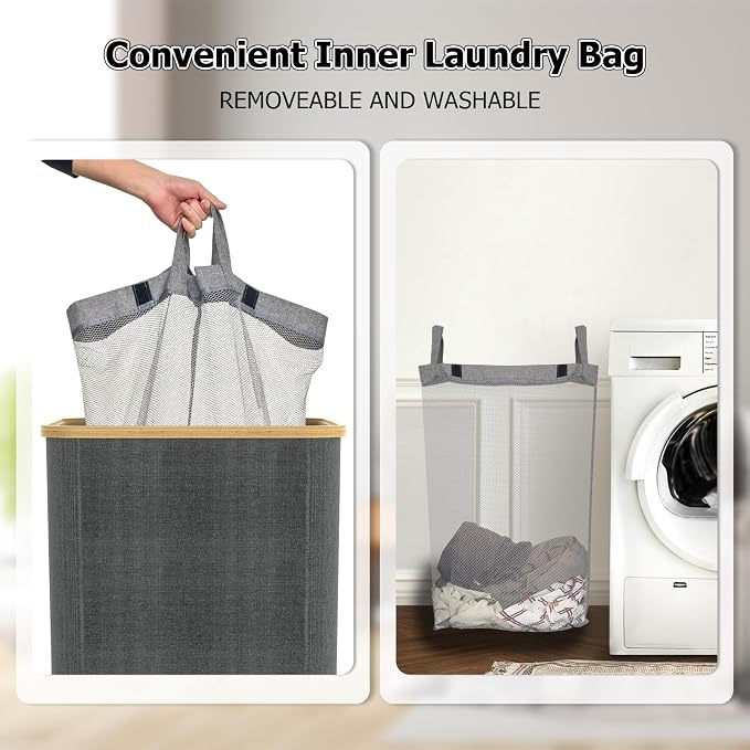 Laundry Basket with lid, Collapsible Laundry Hamper with Bamboo Handle, Dirty Clothes Hampers with Removable Laundry Bag for Clothes Toys Towels (Grey, 100L 2 Pack) - Image 6