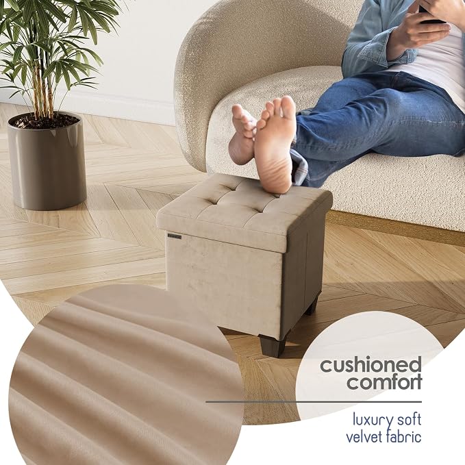 Storage Ottoman Cube with Small Bin, 15-in Square Ottoman with Storage for Living Room and Bedroom, Small Ottomans Foot Rest, Velvet Foot Stools Ottomans Max 330lbs, Taupe - Image 7