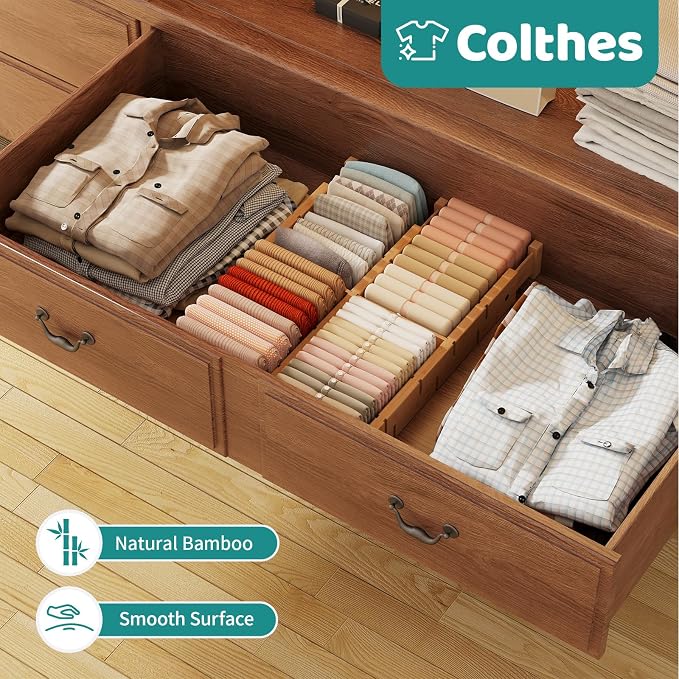 8 Pack Kitchen Drawer Dividers with Inserts, Bamboo Adjustable Drawer Organizers, Expandable Organization for Home, Dressers, 8 Dividers with 16 Inserts - Image 6