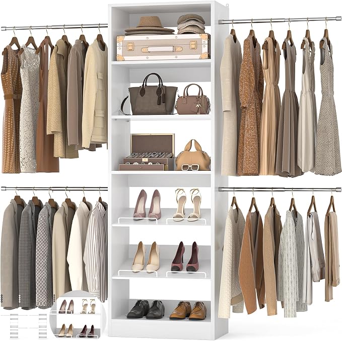 Unikito 4-8Ft Wood Closet Organizer System with Extendable Rods, White | Starter kit with tower and 4 hanging rods, walk-in closet wardrobe clothes rack with adjustable shelves, garment rack. by Unikito