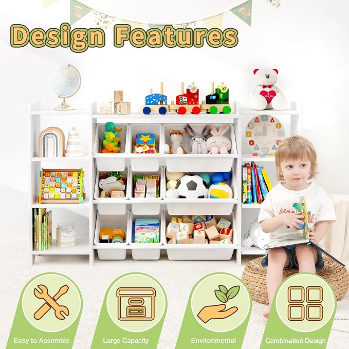 MallBest 57" Extra Wide Kids Bookshelf and Toy Storage Organizer, Solid Pine Wood Frame Playroom Organizer with 9 Bins, 4-Tier Toy Organizer for Kids Room, Nursery and Bedroom,White - Image 7