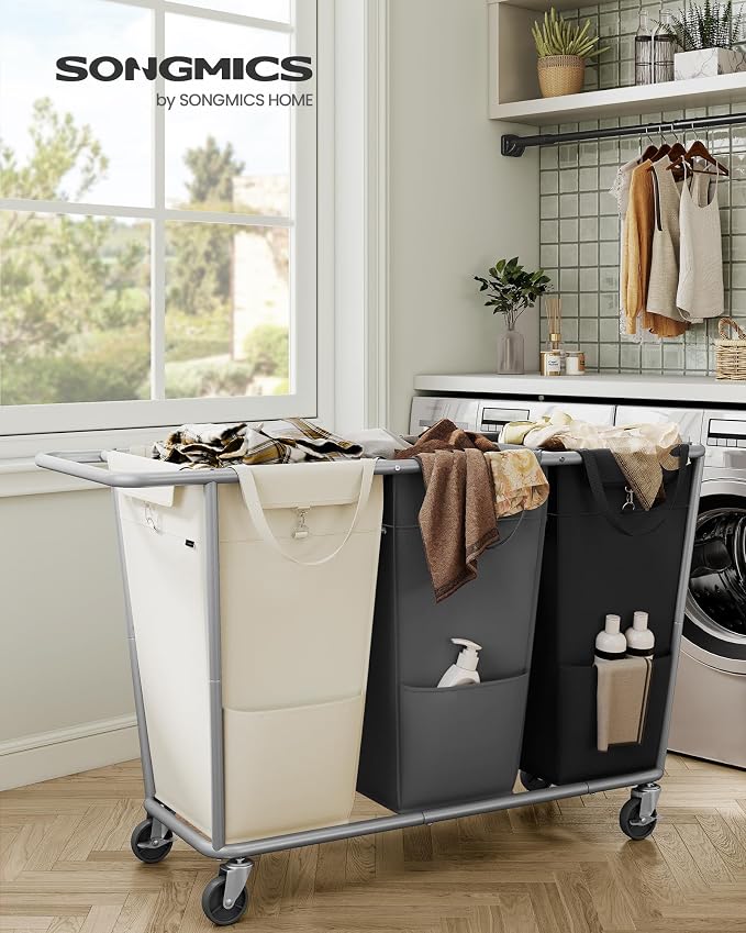 SONGMICS Laundry Basket with Wheels, 3-Section Laundry Sorter, 76.6 Gallons (290 L) Rolling Hamper with Removable Bags, Heavy-Duty Steel Frame, Cream White, Dark Gray and Ink Black URLS010X01 - Image 2