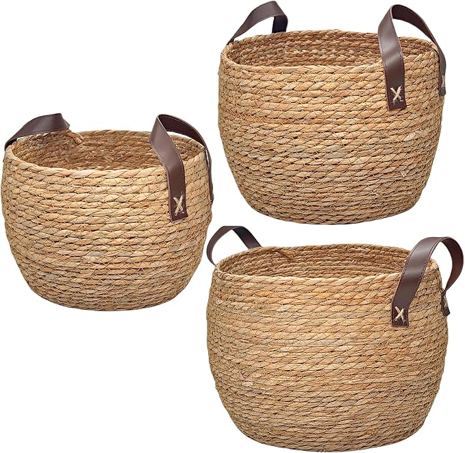 GIB Round Seagrass Storage Baskets Woven Wicker Planter Baskets for Decor | Decorative Basket for Blankets, Plants, Shelves Organizing, Natural Rattan, Leather Handles, 13", 12" & 11", Set of 3 by GIBCleaningtool