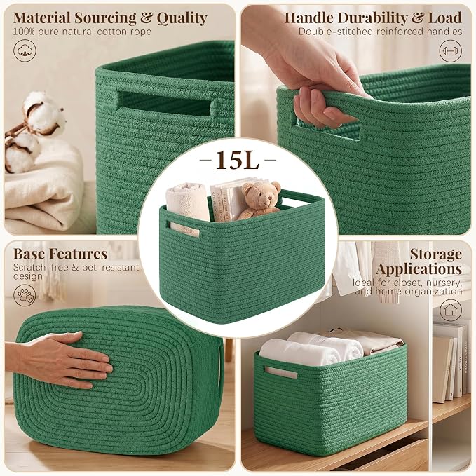 OIASKET 4Packs Natural Cotton Rope Storage Baskets for Organizing Toys, Clothes, Towels & Books, Soft Versatile Organizers for Shelves, Home Decorative Bins, 13''Lx9''Wx7.8''H, Green - Image 3