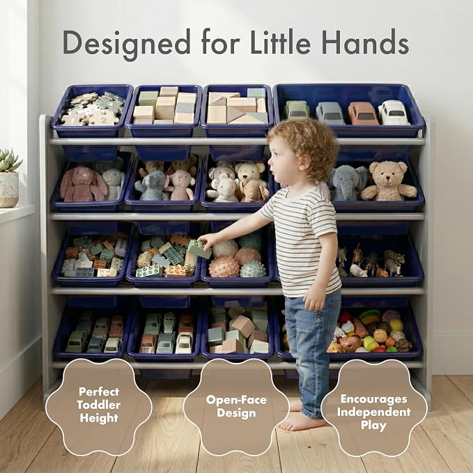 Humble Crew Kids Toy Organizer with 16 Bins, 4 Tier Storage for Playroom | Sturdy wood and steel toddler shelf, removable BPA-free containers, wall anchor anti-tip safety kit for bedroom or classroom - Image 2
