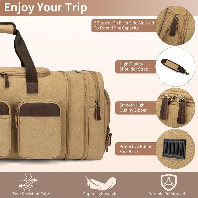 Mens Duffle Bag for Travel, 60L Canvas Expandable Overnight Weekender Bag | Shoe Compartment, Carry-On Size, Multiple Pockets, Detachable Strap, Toiletry Bag & Packing Cube Include, Khaki - Image 2