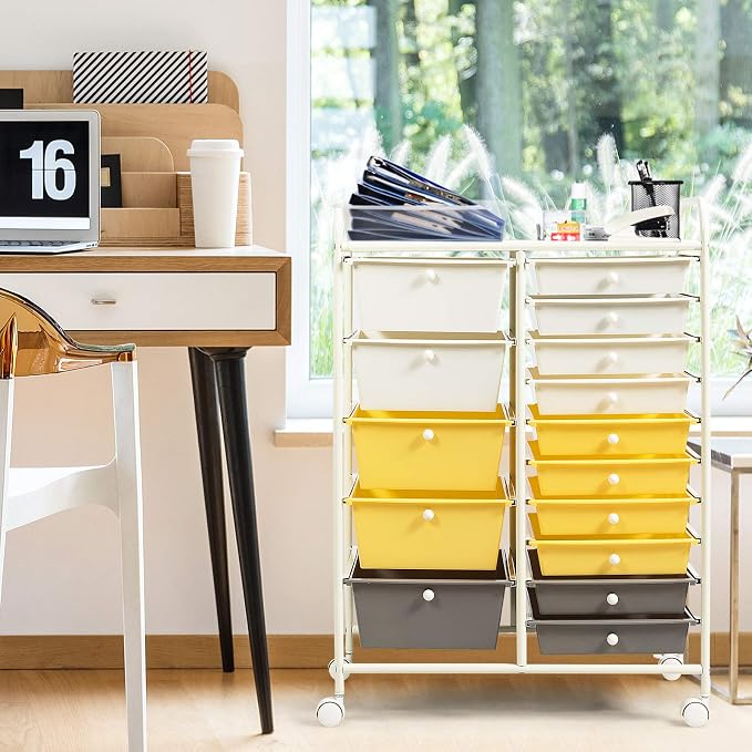 GOFLAME 15-Drawer Rolling Storage Cart, Craft Storage Cart with Removable Drawers & Lockable Wheels, Art Cart Supply Storage Organizer for Home Office Classroom, Yellow - Image 2